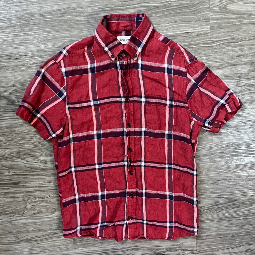 Taylor Stitch Mens 38 Red Plaid 100% Linen Short Sleeve Button Down Shirt Small